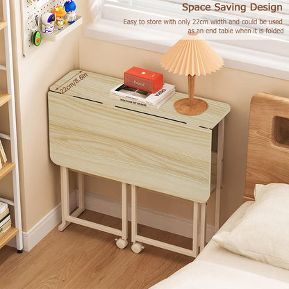 Mobiel Vouwbureau – Compact Bureau – Klein Tafel – Opvouwbare Werktafel – Verplaatsbaar Bureau – Eiken Kleur – 80 cm Breed – Met Wieltjes En Vaste Poot
