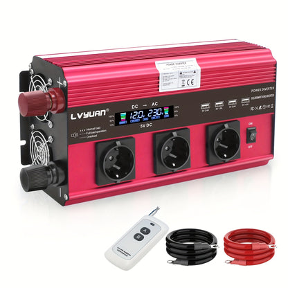 Power Inverter 12V naar 230V – Spanningsomvormer – Omvormer – Converter – Stroomomvormer – 3000W Vermogen – 4 AC-uitgangen en LCD Display
