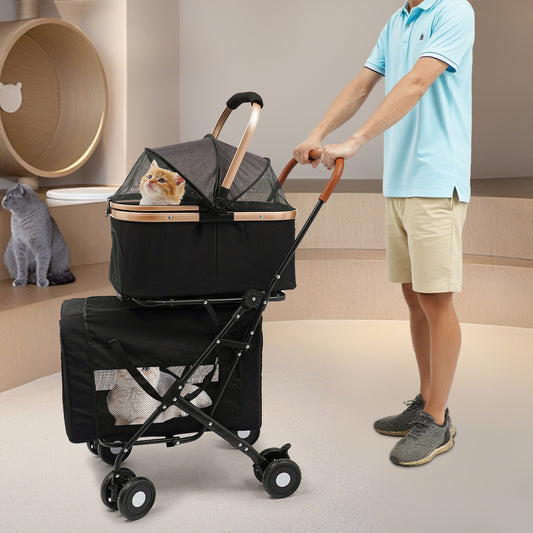 3-in-1 Heavy-Duty Two-Tier Pet Stroller Compatible for Dogs & Cats - Heavy-Duty Oxford Fabric & Frame, Spacious 2-Tier Kennel with Ventilation, Design & All-Terrain Wheels - Lightweight Portable Cart for Twins/Pets
