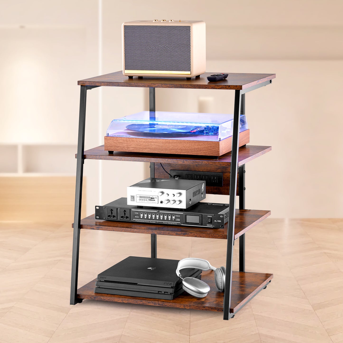 AV Media Stand – Audio Video Meubel – Tv Kast – Entertainment Rack – Multimedia Meubel – 4-Lagen Design – LED Verlichting & Ingebouwde Stopcontacten
