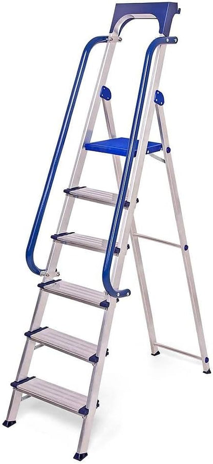 Hostrom Secure Hostrom Secure 6 treden, robuust aluminium, versterkt, leuning, afneembare gereedschapsschaal, platformhoogte 135 cm, draagkracht 150 kg