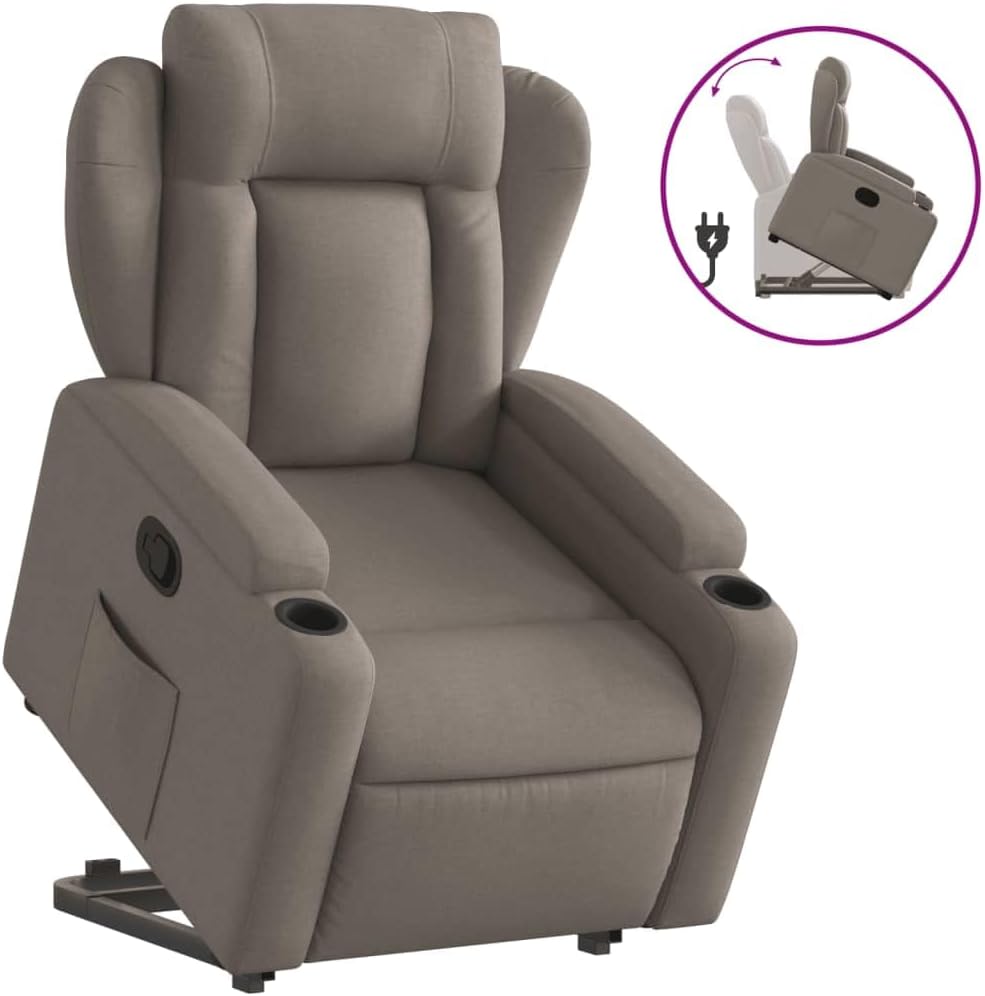 Fauteuil, zitverhoging, kantelbaar, taupe van stof, meubelstuk voor woonkamer, loungestoel, relaxstoel, stoel voor slaapkamer - QUORE