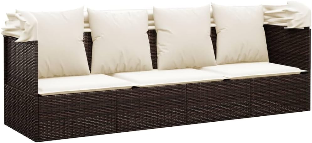 Outdoor Lounge Bed with Roof and Cushion, Brown Poly Rattan Sun Lounger with Both Sides Adjustable for Garden, Balcony, Patio, Camping, Swimming Pool - QUORE