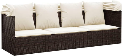 Outdoor Lounge Bed with Roof and Cushion, Brown Poly Rattan Sun Lounger with Both Sides Adjustable for Garden, Balcony, Patio, Camping, Swimming Pool - QUORE