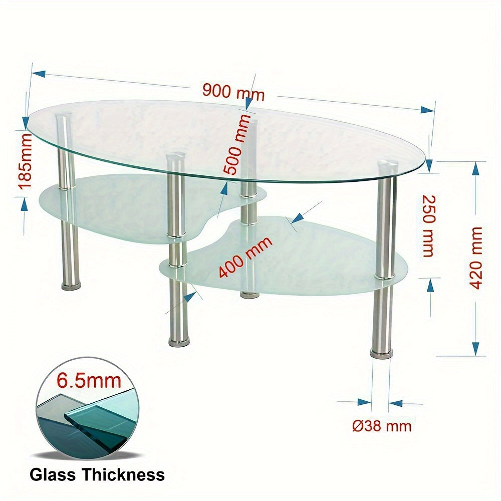 Salontafel – Koffietafel – Bijzettafel – Woonkamertafel – Tafel – Modern – Gehard Glas – Ovaal – Met Metalen Poten – 2 Opbergniveaus – 90x50x43 cm