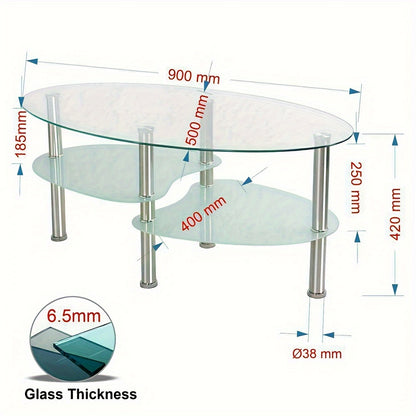 Salontafel – Koffietafel – Bijzettafel – Woonkamertafel – Tafel – Modern – Gehard Glas – Ovaal – Met Metalen Poten – 2 Opbergniveaus – 90x50x43 cm