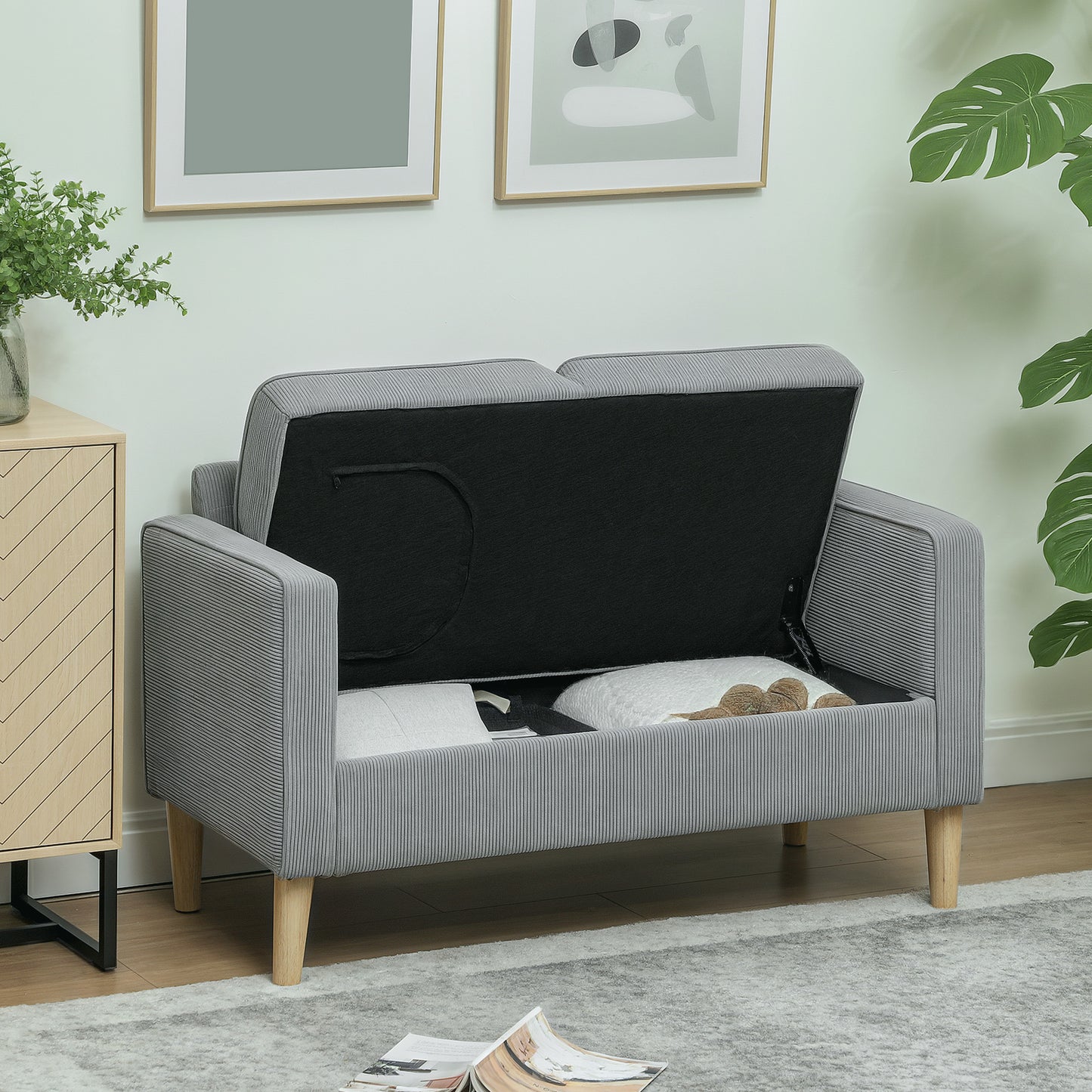 2-zits bank – tweezitsbank – zitbank – loveseat – compacte bank – met opbergruimte – moderne cordstof – massief houten poten – lichtgrijs – armleuningen – 117x63x79 cm