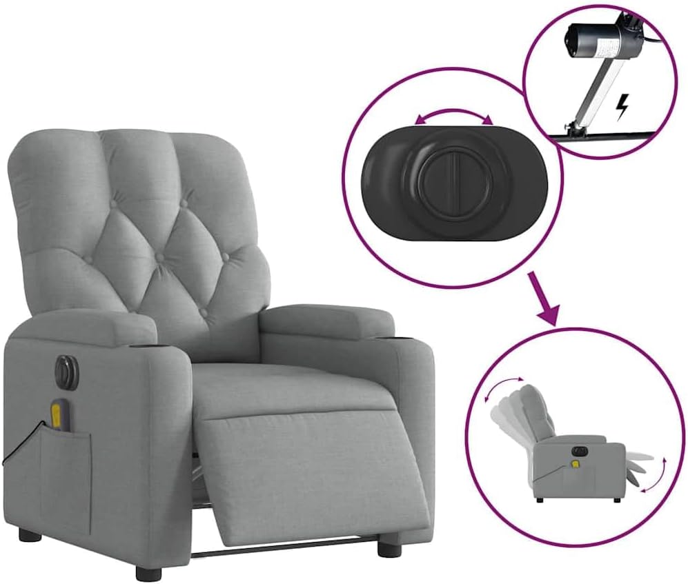 Elektrische Relaxstoel – Relaxfauteuil – Sta-op Stoel – Massagestoel – Ligstoel – 6 Massagepunten – Bekerhouder – Lichtgrijze Stof – Trillingsfunctie – Comfortabele Zitting – Stabiel Frame