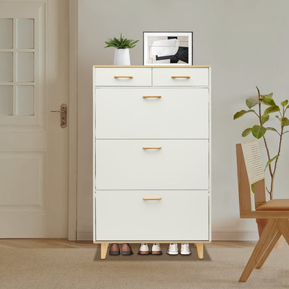Schoenenkast – Schoenopberger – Schoenrek – Schoenenkastje – Schoenenmeubel – Vrijstaand – Warm Wit – 80 cm Breed – Massief Hout – 2 Laden – 15 Paar Opbergruimte