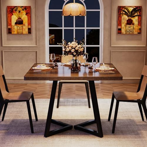 Tribesigns Dining Table Kitchen Table for 4 People, Small Dining Room Table with Metal Base in Industrial Style, Wooden Table for Dining Room, Home, Table 80 x 80 cm, Brown