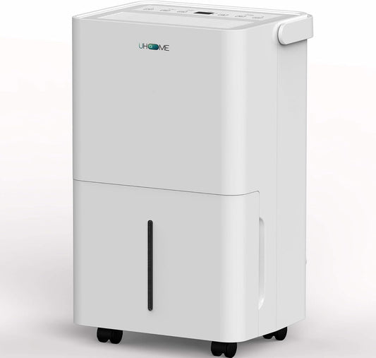 Uhome Luchtontvochtiger, elektrisch, 12 l in 24 uur, luchtontvochtiger voor 54 m³/18 m², ontvochtiger met automatische uitschakeling, vochtsensor, wasmodus, actieve koolfilter, afvoerslang (12 l