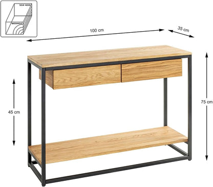 HAKU Console eiken, zwart, Massief hout, metaal - Maat: B 100 cm x H 75 cm x D 35 cm, Stijl: Modern