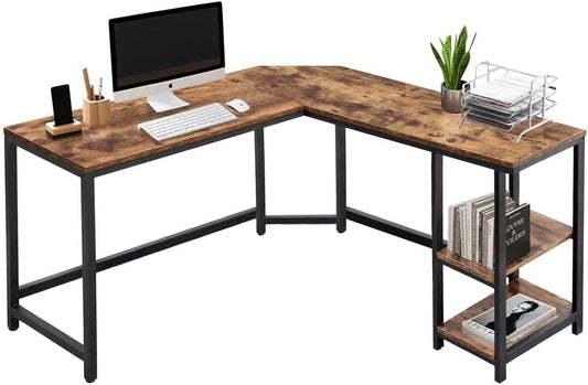 BAKAJI L-vormig hoekbureau met boekenkast met 2 planken, werktafel voor pc, frame van zwart metaal en tafelblad van hout in antieke look, kantoorinrichting, industriële stijl