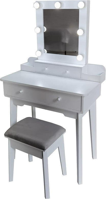 DRW Make-uptafel met 4 schuifladen van hout met ledlampjes en kruk in wit, 75 x 40 x 130 cm, kruk 36 x 28 x 45 cm