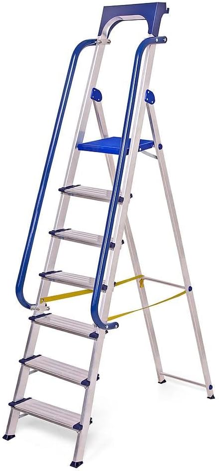 Ladder, beveiligd 7 treden, robuust aluminium, leuning, afneembare gereedschapsbak, platformhoogte 158 cm, draagkracht 150 kg, Hostrom