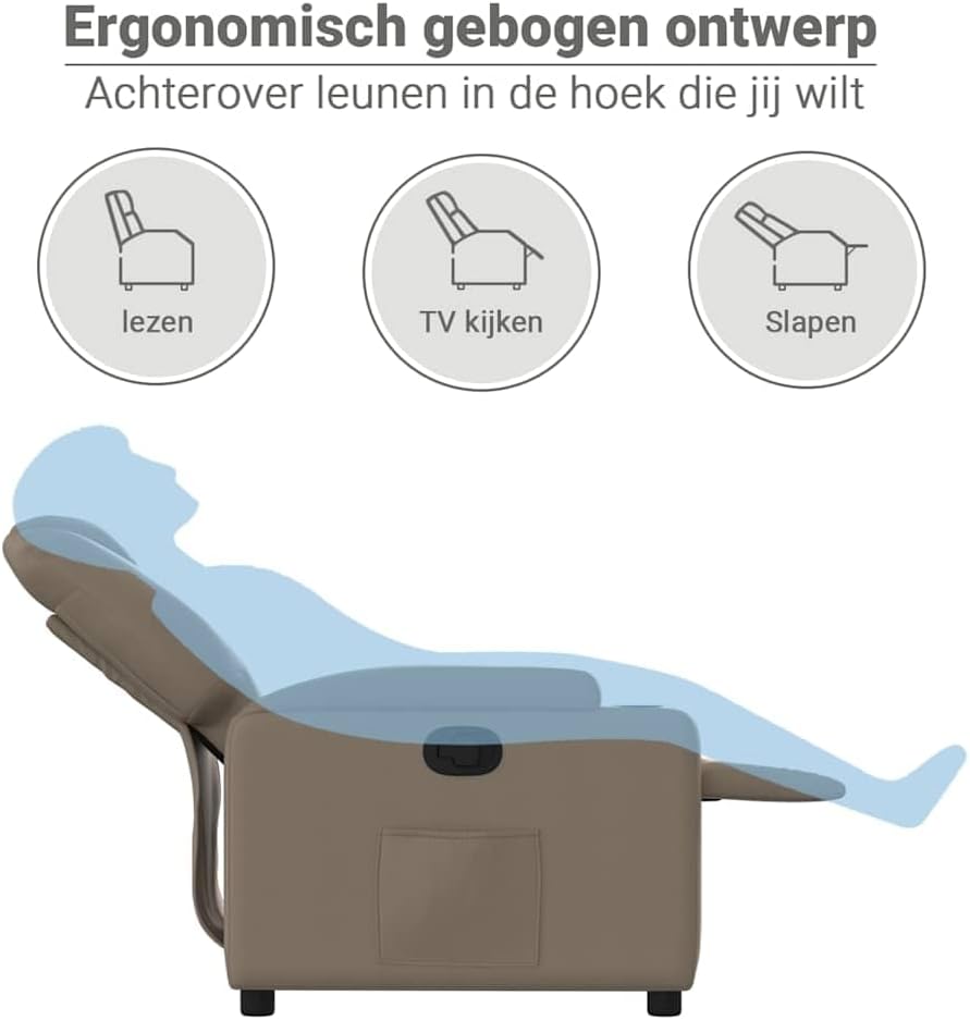 Fauteuil Verstelbaar – Relaxfauteuil – Relaxstoel – Armstoel – Leunstoel – Kunstleer Cappuccino – Handmatig Verstelbaar Tot 135° – Inclusief Bekerhouders En Zijvak