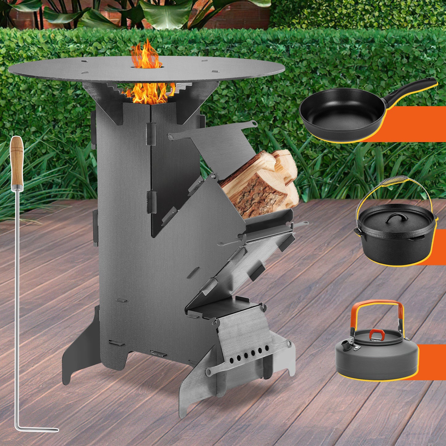 Raketkachel – Houtkachel – Campingkachel – Buitenkachel – Pelletkachel – Carbon Staal 3mm – Inclusief Grillplaat & Brandhaak