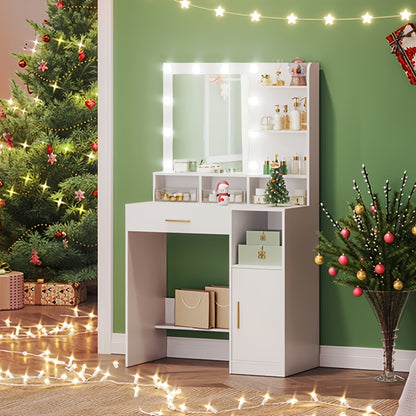 Kaptafel – Make-uptafel – Visagietafel – Schminktisch – Toilletset – Met Spiegel – 10 LED Lampjes – Verstelbare Lichtsterkte – 3 Open Planken – Inclusief Grote Lade en Kast