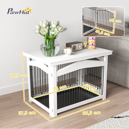 Hondenbench – Hondenkooi – Kennel – Hondenpark – Bijzettafel – 3-in-1 Multifunctioneel – Wit MDF & Metaal – Voor Middelgrote Honden 82,5x57,5x59,5 cm