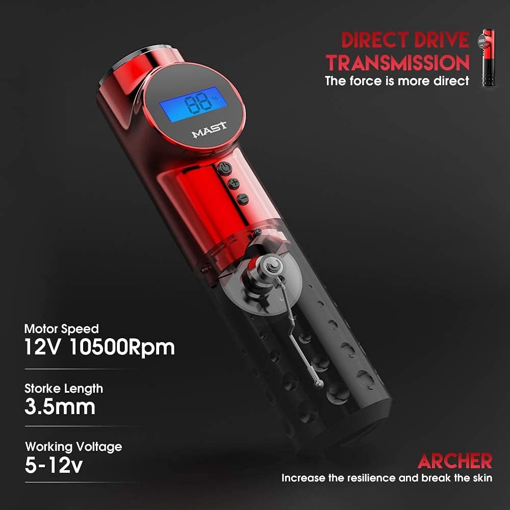 Mast Archer Tattoo Machine Pen Cordless Rotary Tattoo Gun 3.5mm Stroke 2000mAh Battery with 2pcs Grips for Tattoo Artists and Beginners