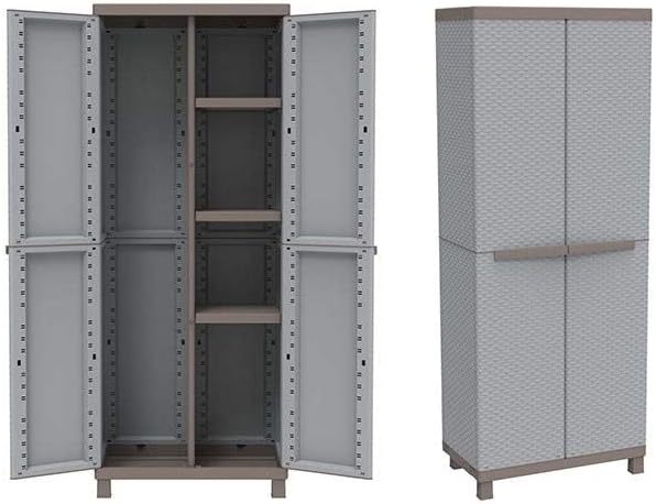 Terry, C-rattan 3680 broom cabinet with two doors in rattan look, vertical divider and 3 shelves, for indoor and outdoor use, 68 x 39 x 170 cm - QUORE