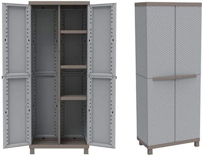 Terry, C-rattan 3680 broom cabinet with two doors in rattan look, vertical divider and 3 shelves, for indoor and outdoor use, 68 x 39 x 170 cm - QUORE
