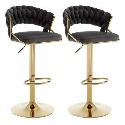 Barstoel – Barkruk – Barstoel Kruk – Barkrukken – Barstoelen – Verstelbaar – Velvet Met Gouden Metalen Onderstel – Set Van 2 – Geweven Rugleuning