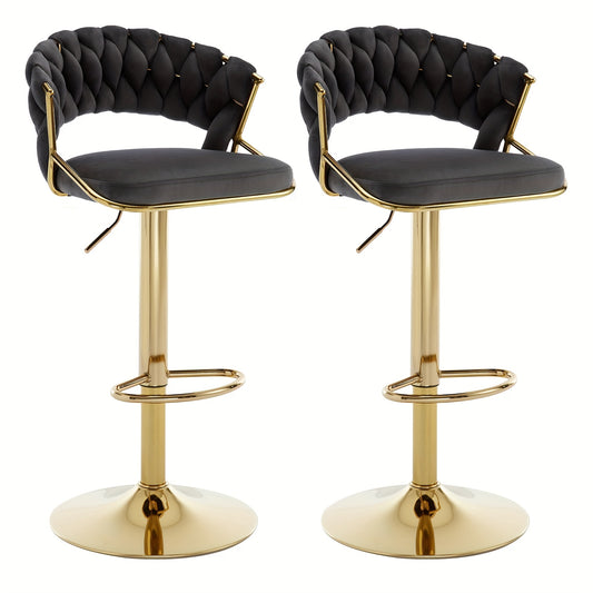 Barstoel – Barkruk – Barstoel Kruk – Barkrukken – Barstoelen – Verstelbaar – Velvet Met Gouden Metalen Onderstel – Set Van 2 – Geweven Rugleuning