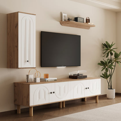 Tv-meubel – TV-kast – TV-dressoir – Wandmeubel – Media meubel – 3-delige set – Wit met beige houtlook – Opbergruimte met reliëfdeuren