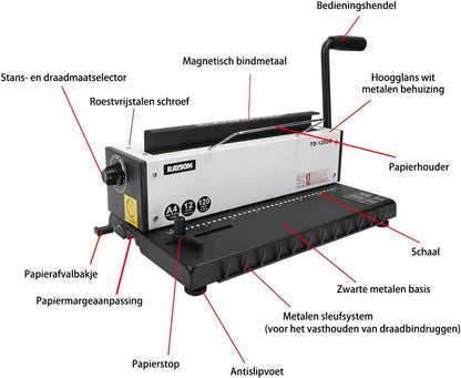 RAYSON TD-1200R Metaaldraad bindmachine – 3:1 ponsafstand, 34 gaten, perforeert 12 A4-bladzijden, bindt tot 120 pagina’s