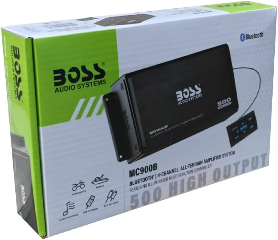 KIT SET VOOR BOSS AUDIO SYSTEMS MC900B, 1 Versterker 4-kanaals Bluetooth Marine, 500 Watt Max., Full-range, Klasse A/B, met Verlichte Multifunctionele Controller, 1 stuk