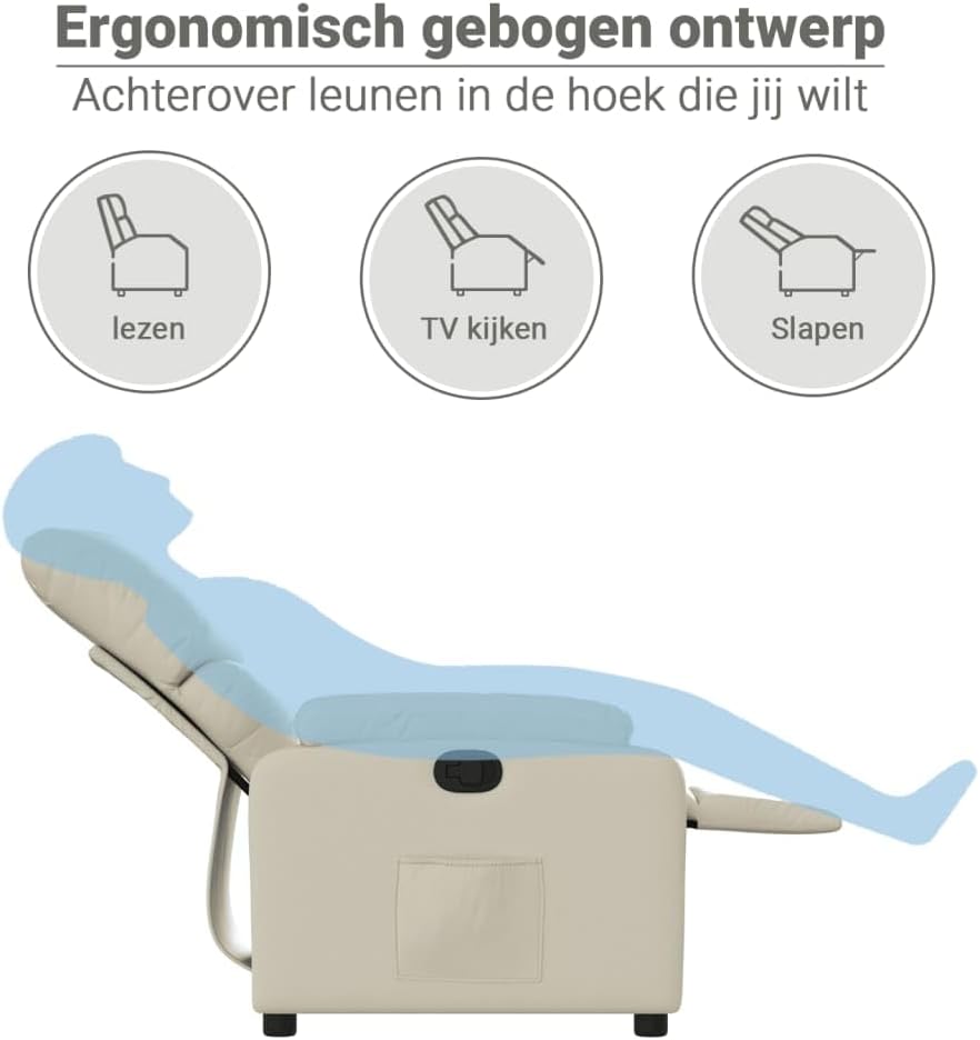 Fauteuil verstelbaar kunstleer crèmekleurig – Relaxfauteuil – Relaxstoel – Armstoel – Leunstoel – Traploos verstelbare rugleuning – Vlekbestendig kunstleer
