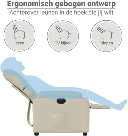 Fauteuil verstelbaar kunstleer crèmekleurig – Relaxfauteuil – Relaxstoel – Armstoel – Leunstoel – Traploos verstelbare rugleuning – Vlekbestendig kunstleer