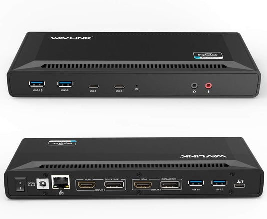 WAVLINK USB C Dual 4K Laptop Docking Station met 60W Power Delivery, ondersteunt dubbele 4K video-uitgangen (DisplayPort en HDMI, Gigabit Ethernet, Audio Out en Mic In, 4 USB 3.0 en 2 USB C-poorten)