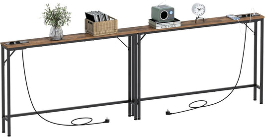 VEDECASA 15 cm smalle consoletafels, 2 sets, met stopcontact en USB-poorten, smalle haltafel, bijzettafel, ingangstafel, dressoir voor entree, woonkamer, hal, kantoor, stabiel stalen frame,
