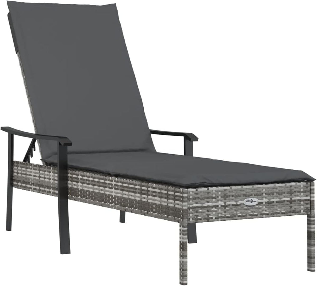Sun Lounger with Poly Rattan Cushion with Grey Cushion, Outdoor Sun Lounger, Sun Lounger, Garden Bed, Outdoor, Beach Chair - QUORE