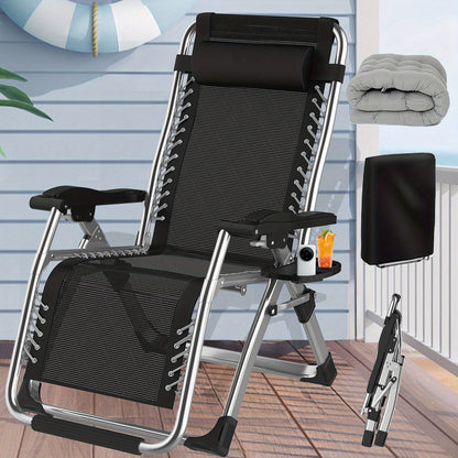 Lounge Stoel – Relaxstoel – Tuinstoel – Campingstoel – Balkonstoel – Verstelbare Rugleuning – Inklapbaar Met Draagbaar Metalen Frame – Zachte Katoenen Kussens – Met Dienblad – Zwart 65 cm