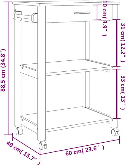 Keukentrolley – Keukenwagen – Opbergwagen – Serveerwagen – Houten Trolley – Massief Dennenhout – 60x40x88,5 cm – 4 Wieltjes Met Remmen