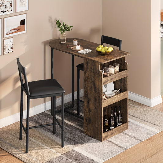 Barset voor 2 Personen – Barstoel – Bistrotstoel – Hoog Tafeltje – Cocktailset – Vintage Kleur – Compact Ruimtebesparend Ontwerp – Drie-laags Opbergrek