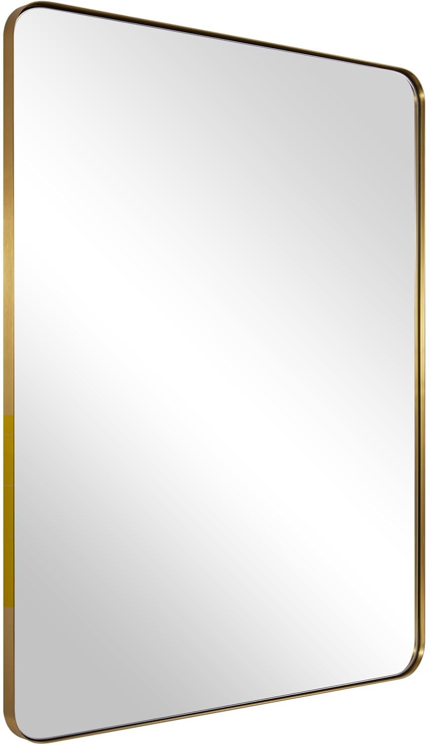 Gouden wandspiegel, 24x36 inch spiegel voor badkamer, geborsteld messing roestvrijstalen metalen frame met afgeronde hoek, rechthoek glazen paneel wandgemonteerde spiegel voor decoratie van badkamer,