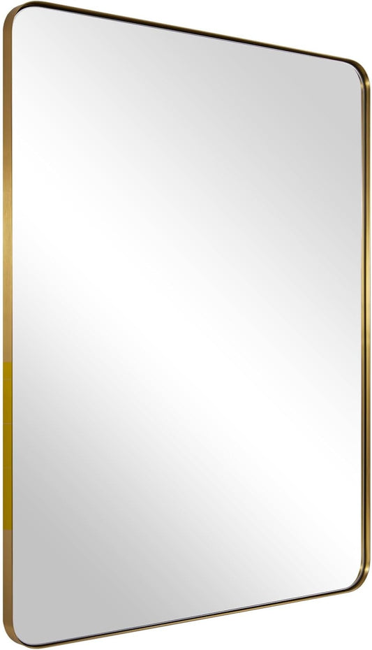 Gouden wandspiegel, 24x36 inch spiegel voor badkamer, geborsteld messing roestvrijstalen metalen frame met afgeronde hoek, rechthoek glazen paneel wandgemonteerde spiegel voor decoratie van badkamer,