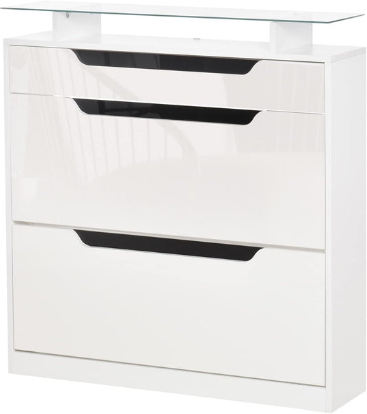 HOMCOM shoe cabinet shoe rack with 3 drawers storage cabinet tipping bucket with flap glass plate adjustable shelf large capacity for 14 pairs high gloss + white 89 x 23 x 96 cm - QUORE