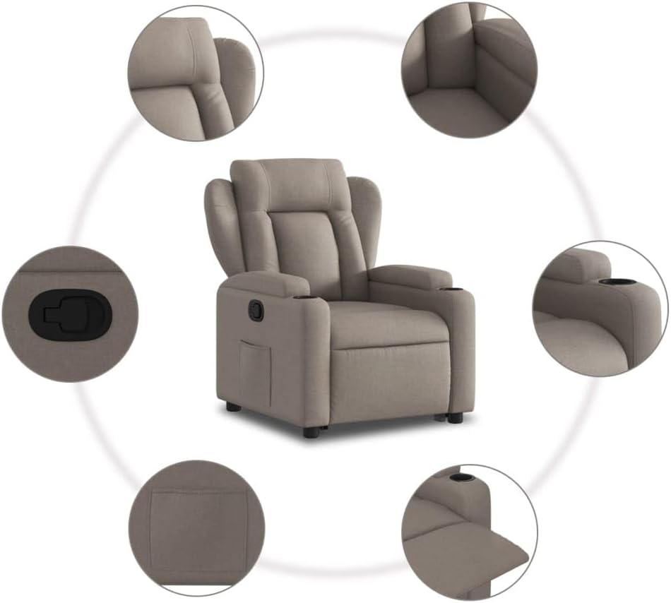 Fauteuil, zitverhoging, kantelbaar, taupe van stof, meubelstuk voor woonkamer, loungestoel, relaxstoel, stoel voor slaapkamer - QUORE