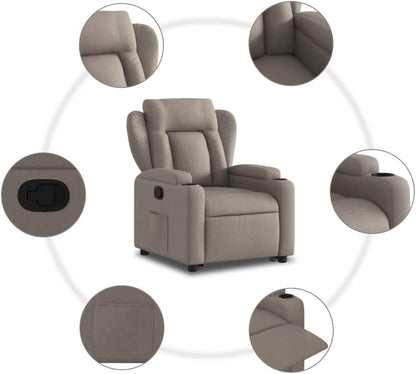 Fauteuil, zitverhoging, kantelbaar, taupe van stof, meubelstuk voor woonkamer, loungestoel, relaxstoel, stoel voor slaapkamer - QUORE