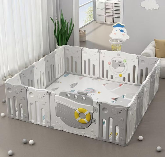 Ground Box/Baby Box 164x164cm – Foldable Playbox/Crawling Box – Large Baby Playpen with Double Sided Play Mat & 100 Balls – Safe, Sturdy & Portable - QUORE