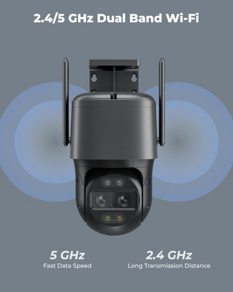 Beveiligingscamera - WiFi-beveiligingscamera - Camerabewaking - 4K Wi-Fi 6 - voor Buiten - met Dubbele Lens - 6X Hybride Zoom - 360° Zicht - Detectie van Personen - Voertuigen - Dieren - Automatisch Volgen - Kleurennachtzicht - Grijs