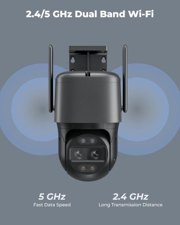 Beveiligingscamera - WiFi-beveiligingscamera - Camerabewaking - 4K Wi-Fi 6 - voor Buiten - met Dubbele Lens - 6X Hybride Zoom - 360° Zicht - Detectie van Personen - Voertuigen - Dieren - Automatisch Volgen - Kleurennachtzicht - Grijs