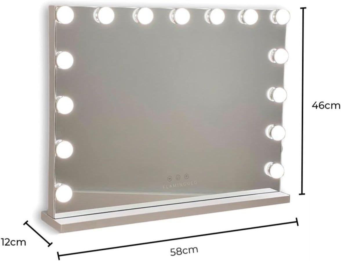 Flamingueo Make-upspiegel met Verlichting - 15 LED - 3 Modi - Instelbare Intensiteit - Touch Control - USB-Poort - Vergrootspiegel Inbegrepen - Vanity Mirror - Wit - 58x12x48cm