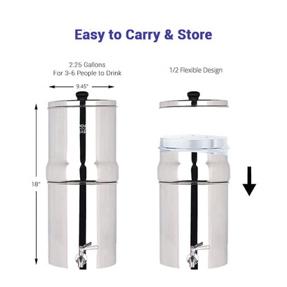 Roestvrijstalen Zwaartekracht Waterfiltersysteem Glanzend – Waterfilter – Waterzuiveraar – Drinkwaterfilter – Waterzuiveringsinstallatie – 8,5 Liter – Zonder Elektriciteit