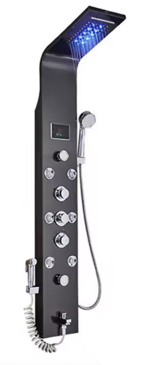Shower tap - Rain shower - Shower head - Shower panel - 6 in 1 - Rain shower - Waterfall shower - Tap - Bidet - Massage jet - Hand shower - Water flow fed - Lighting and LED display - Black
